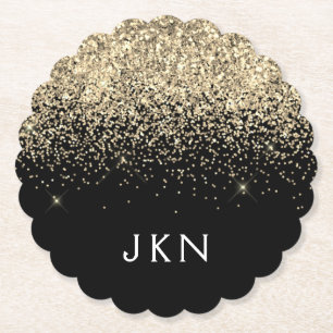 Gold Black Glitter Girly Name Initiaal Monogram Kartonnen Onderzetters