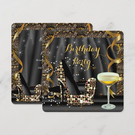 Gold Black Glitter High Heels Champagne Party Kaart (Voorkant / Achterkant)