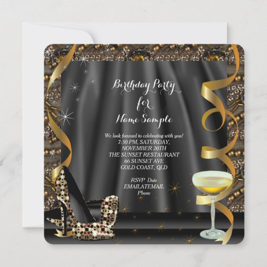 Gold Black Glitter High Heels Champagne Party Kaart (Achterkant)
