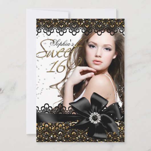 Gold & Black Glitter Lace Photo Sweet 16 Invite Kaart (Voorkant)