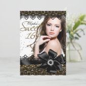 Gold & Black Glitter Lace Photo Sweet 16 Invite Kaart (Staand voorkant)
