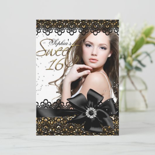 Gold & Black Glitter Lace Photo Sweet 16 Invite Kaart (Staand voorkant)
