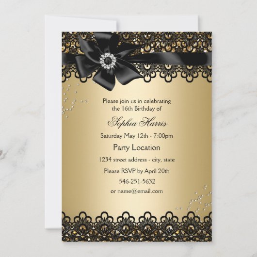 Gold & Black Glitter Lace Photo Sweet 16 Invite Kaart (Achterkant)
