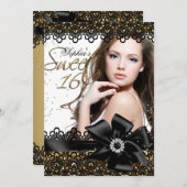 Gold & Black Glitter Lace Photo Sweet 16 Invite Kaart (Voorkant / Achterkant)