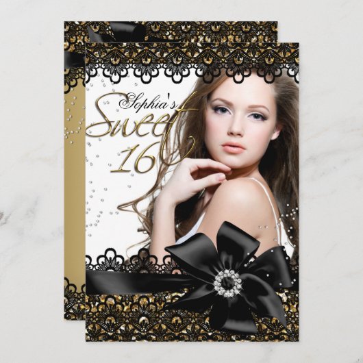 Gold & Black Glitter Lace Photo Sweet 16 Invite Kaart (Voorkant / Achterkant)