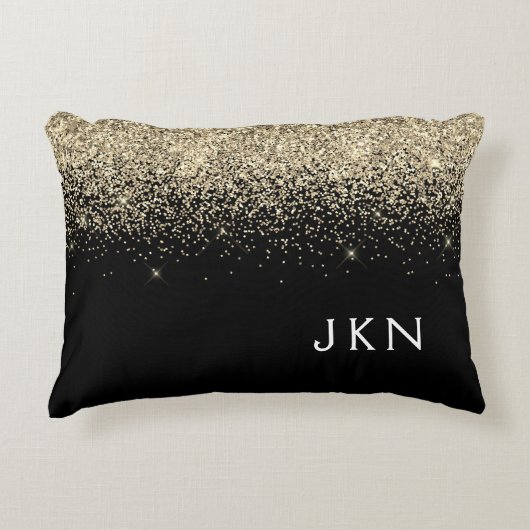 Gold Black Glitter Monogram Girly Initialen Accent Kussen (Voorkant)