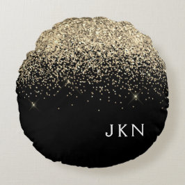 Gold Black Glitter Monogram Girly Initialen Rond Kussen