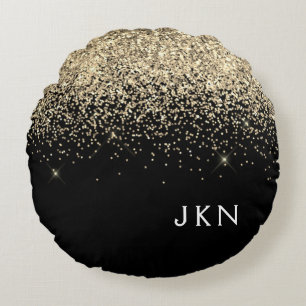 Gold Black Glitter Monogram Girly Initialen Rond Kussen