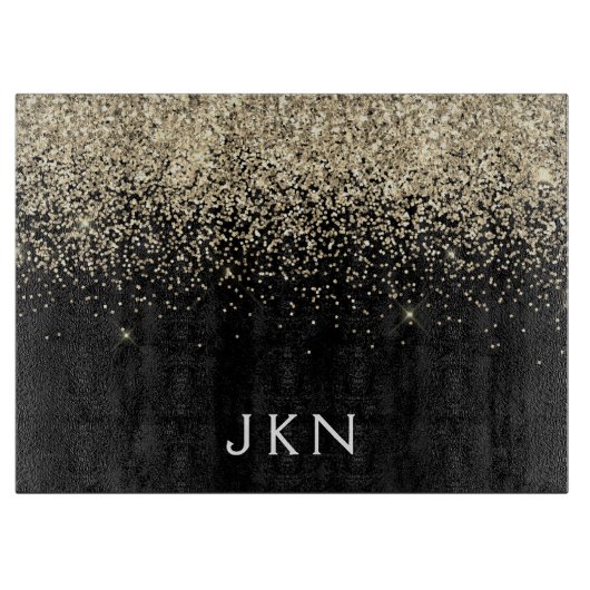 Gold Black Glitter Monogram Initialen Monogram Snijplank (Voorkant)