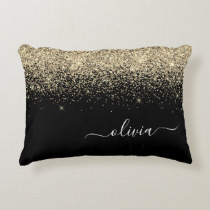 Gold Black Glitter Script Monogram Girly Name Accent Kussen