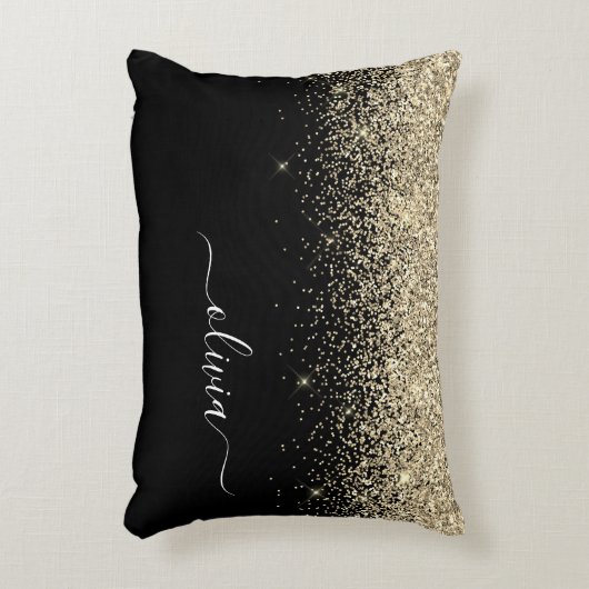 Gold Black Glitter Script Monogram Girly Name Accent Kussen (Voorkant(Verticaal))