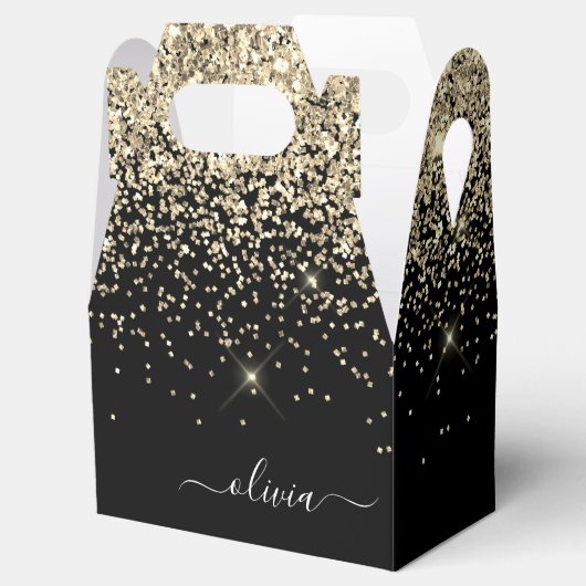 Gold Black Glitter Script Monogram Girly Name Bedankdoosjes (Geopend)