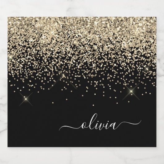 Gold Black Glitter Script Monogram Girly Name Bier Etiket (Enkel label)