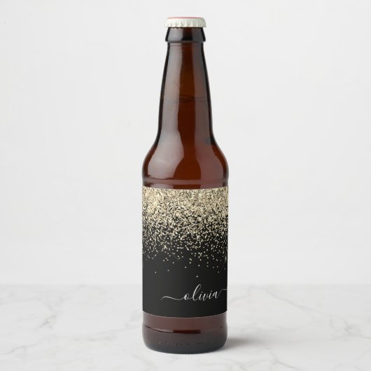 Gold Black Glitter Script Monogram Girly Name Bier Etiket (Voorkant)
