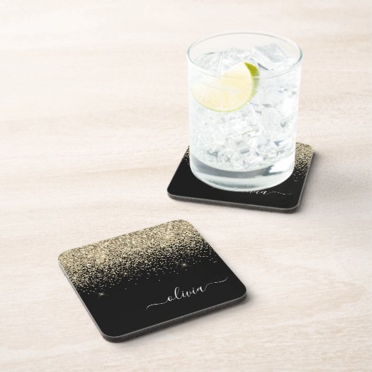 Gold Black Glitter Script Monogram Girly Name Bier Onderzetter (Rechterzijde)
