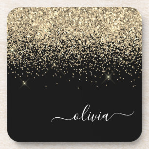 Gold Black Glitter Script Monogram Girly Name Bier Onderzetter