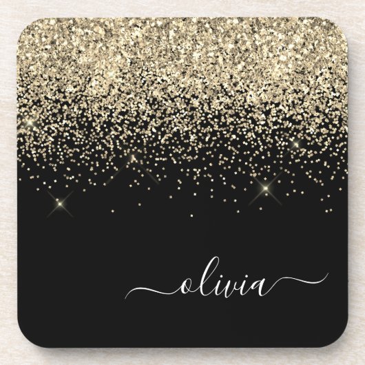 Gold Black Glitter Script Monogram Girly Name Bier Onderzetter (Voorkant)