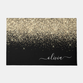 Gold Black Glitter Script Monogram Girly Name Deurmat