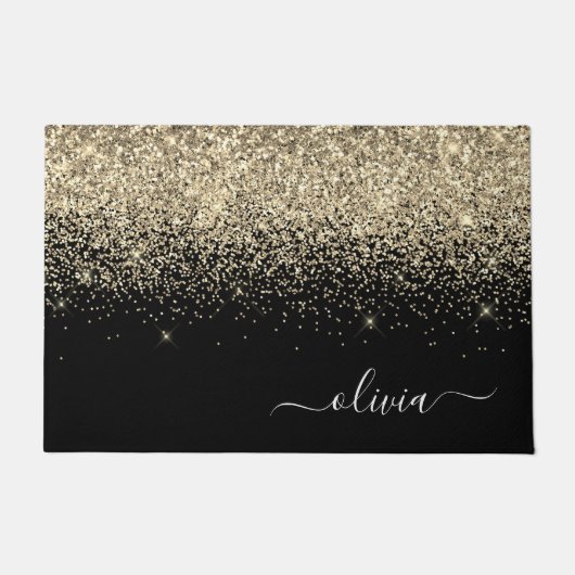 Gold Black Glitter Script Monogram Girly Name Deurmat (Voorkant)