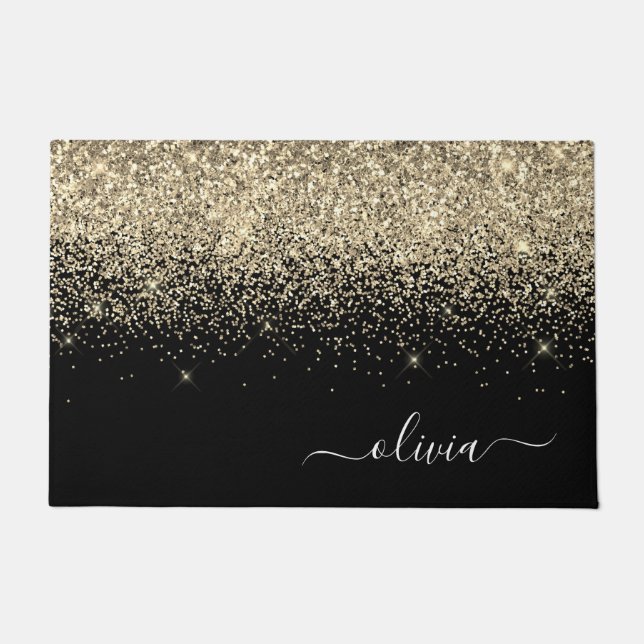 Gold Black Glitter Script Monogram Girly Name Deurmat (Voorkant)