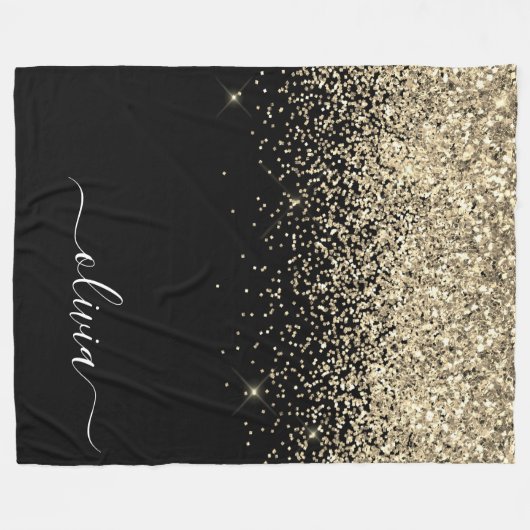 Gold Black Glitter Script Monogram Girly Name Fleece Deken (Voorkant (Horizontaal))