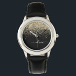 Gold Black Glitter Script Monogram Girly Name Horloge<br><div class="desc">Black and Gold Sparkle Glitter Script Monogram Name Watch. Dit maakt de perfecte liefhebbende 16 verjaardag,  bruiloft,  vrijgezellenfeest,  verjaardagsdag,  baby shower of vrijgezellenfeest voor iemand die van luxe glam en stijl houdt.</div>