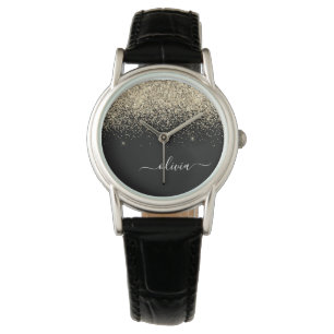 Gold Black Glitter Script Monogram Girly Name Horloge