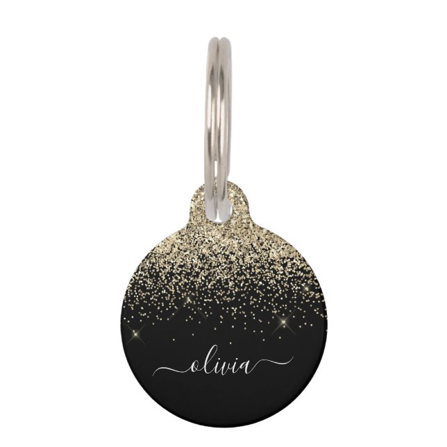 Gold Black Glitter Script Monogram Girly Name Huisdierpenning (Voorkant)