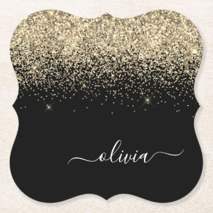 Gold Black Glitter Script Monogram Girly Name Kartonnen Onderzetters