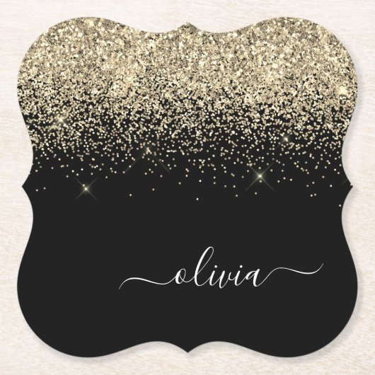 Gold Black Glitter Script Monogram Girly Name Kartonnen Onderzetters (Voorkant)
