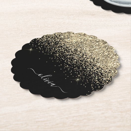 Gold Black Glitter Script Monogram Girly Name Kartonnen Onderzetters (Gekanteld)