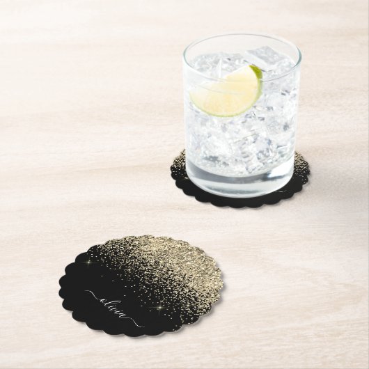 Gold Black Glitter Script Monogram Girly Name Kartonnen Onderzetters (Insitu)