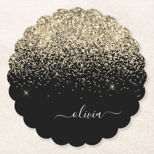 Gold Black Glitter Script Monogram Girly Name Kartonnen Onderzetters (Voorkant)