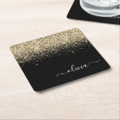 Gold Black Glitter Script Monogram Girly Name Kartonnen Onderzetters (Schuin)