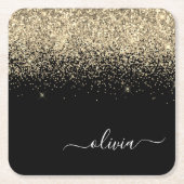 Gold Black Glitter Script Monogram Girly Name Kartonnen Onderzetters (Voorkant)