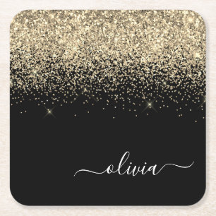 Gold Black Glitter Script Monogram Girly Name Kartonnen Onderzetters