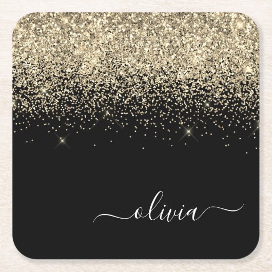 Gold Black Glitter Script Monogram Girly Name Kartonnen Onderzetters (Voorkant)