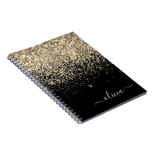 Gold Black Glitter Script Monogram Girly Name Notitieboek (Rechterzijde)