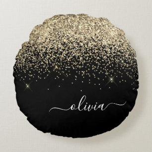 Gold Black Glitter Script Monogram Girly Name Rond Kussen