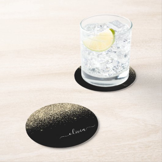 Gold Black Glitter Script Monogram Girly Name Ronde Kartonnen Onderzetter (Insitu)