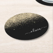 Gold Black Glitter Script Monogram Girly Name Ronde Kartonnen Onderzetter (Gebogen)