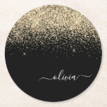 Gold Black Glitter Script Monogram Girly Name Ronde Kartonnen Onderzetter<br><div class="desc">Zwart en gouden handschrift Glitter Script Naam papieren Onderzetters. Dit maakt het perfecte afstuderen,  de verjaardag,  de bruiloft,  het vrijgezellenfeest,  de verjaardag,  het baby shower of het bachelorette feest cadeau voor iemand die van glam luxe en chic stijlen houdt.</div>