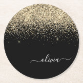 Gold Black Glitter Script Monogram Girly Name Ronde Kartonnen Onderzetter (Voorkant)