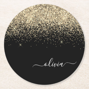 Gold Black Glitter Script Monogram Girly Name Ronde Kartonnen Onderzetter
