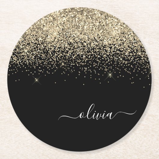 Gold Black Glitter Script Monogram Girly Name Ronde Kartonnen Onderzetter (Voorkant)