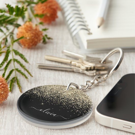 Gold Black Glitter Script Monogram Girly Name Sleutelhanger (Voorkant Rechts)