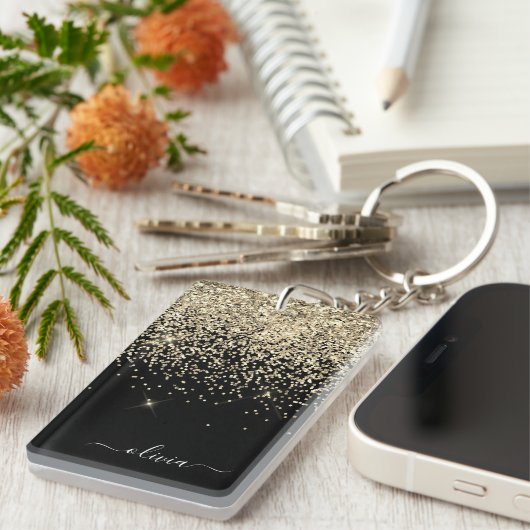 Gold Black Glitter Script Monogram Girly Name Sleutelhanger (Voorkant Rechts)
