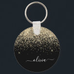 Gold Black Glitter Script Monogram Girly Name Sleutelhanger<br><div class="desc">Black and Gold Sparkle Glitter Script Monogram Name Keychains (Sleutelhanger). Dit maakt de perfecte liefhebbende 16 verjaardag,  bruiloft,  vrijgezellenfeest,  verjaardagsdag,  baby shower of vrijgezellenfeest voor iemand die van luxe glam en stijl houdt.</div>