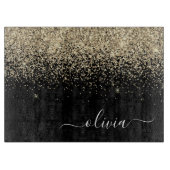 Gold Black Glitter Script Monogram Girly Name Snijplank (Voorkant)