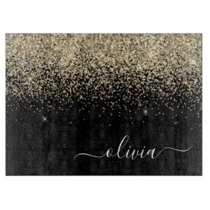 Gold Black Glitter Script Monogram Girly Name Snijplank